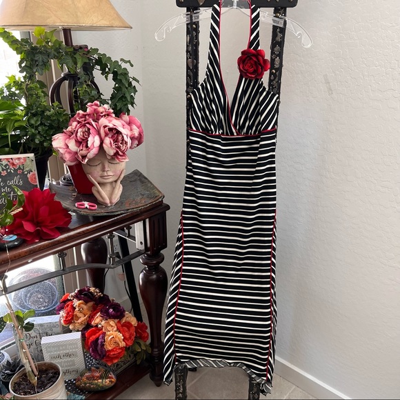 Vintage Rampage Body Con Black/White Stripes Halter Dress - Picture 1 of 7